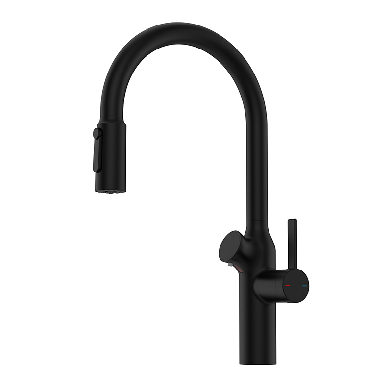 картинка Смеситель Oulin OL-8018 с дозатором моющего средства, выдвижным душом и подключением фильтрованной воды, цвет Black от магазина SEFI