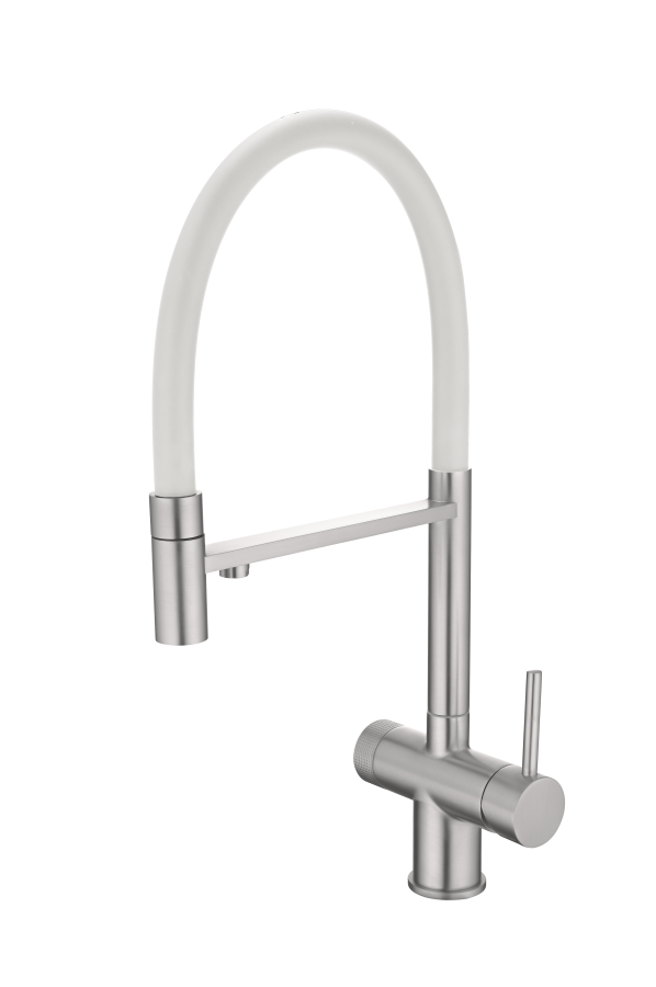 картинка Смеситель для кухонной мойки, с гибким гусаком и подключением фильтрованной воды EMAR EC-7024, цвет сатин c белым шлангом от магазина SEFI