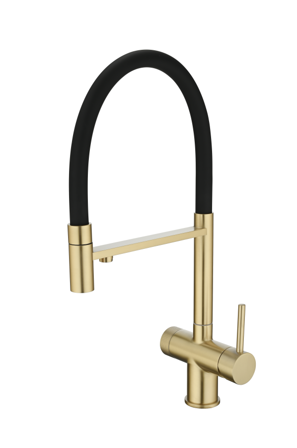 картинка Смеситель для кухонной мойки, с гибким гусаком и подключением фильтрованной воды EMAR EC-7024, цвет Светлое Золото PVD от магазина SEFI