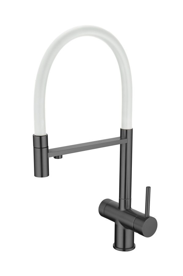 картинка Смеситель для кухонной мойки, с гибким гусаком и подключением фильтрованной воды EMAR EC-7024, цвет Чёрный PVD c белым шлангом от магазина SEFI