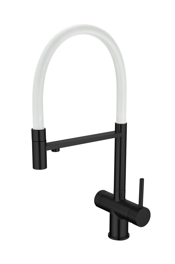 картинка Смеситель для кухонной мойки, с гибким гусаком и подключением фильтрованной воды EMAR EC-7024, цвет Чёрный матовый c белым шлангом от магазина SEFI