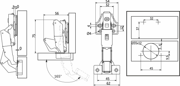 картинка Петля 165° накладная с доводчиком 48мм h2 clip-on AKS 0-е вхождение винтовая регулировка (упак.-2компл.) от магазина SEFI