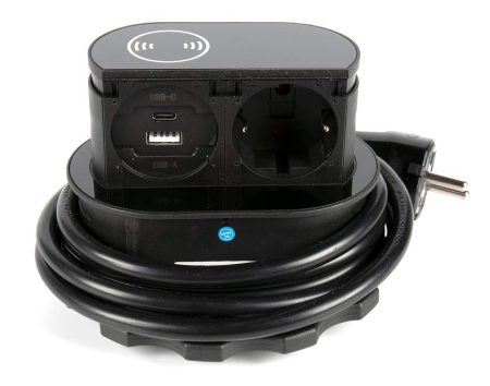картинка PICCOLINO Выдвижной блок: 1 электрическая розетка + беспроводная зарядка + 2 USB-зарядки Type A + TypeС HPF Piccolino, черное стекло (арт. H-311252) от магазина SEFI
