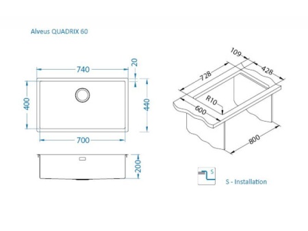 картинка Мойка Alveus QUADRIX MONARCH 60 NEW ANTHRACITE 740x400x200 в комплекте с выпуском без сифона от магазина SEFI