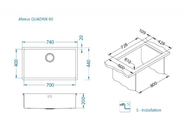 картинка Мойка Alveus QUADRIX MONARCH 60 NEW GOLD 740x400x200 в комплекте с выпуском без сифона от магазина SEFI