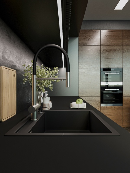 картинка Смеситель для кухонной мойки, с гибким гусаком и подключением фильтрованной воды EMAR EC-7024, цвет сатин от магазина SEFI