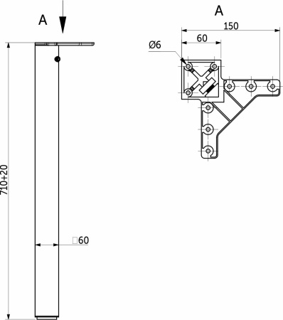 картинка Опора меб. квадратная 60*60 h710, черный AKS магазин SEFI являющийся официальным дистрибьютором в России  картинка Опора меб. квадратная 60*60 h710, черный AKS от магазина SEFI