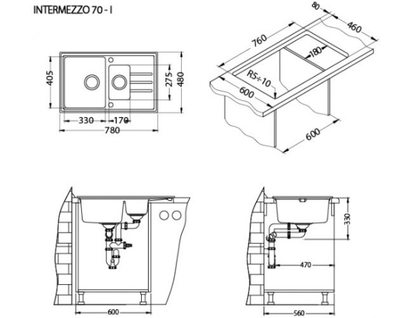 картинка Мойка INTERMEZZO 70 GRANITAL ARCTIC-G11 780X480X200;1+1/2 в ком.с сифоном 1117293, от магазина SEFI