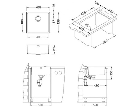 картинка Мойка ALVEUS KOMBINO 40 KMB 90 FI 488X438 F/S в комплекте с сифоном 1130550, от магазина SEFI