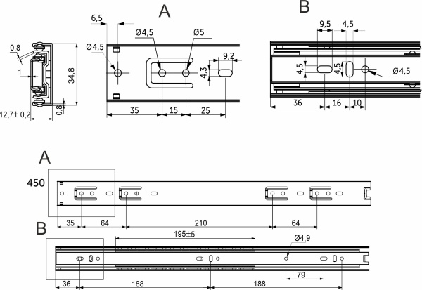 картинка Направляющая шариковая L-450 h=35 AKS C от магазина SEFI