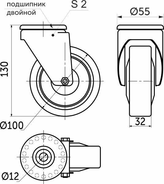 картинка Колесо меб. d100 h130 под винт М12 с рез.ободом, серый/черный AKS от магазина SEFI