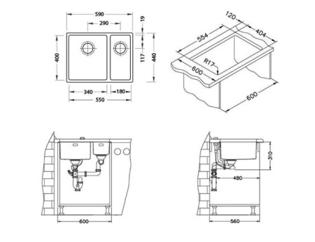 картинка Мойка ALVEUS KOMBINO 120 SAT-90 550X400X144  в комплекте с сифоном 1130557, от магазина SEFI