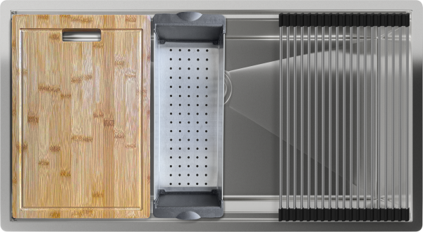 картинка Мойка Rivelato RINOX 8044 UN 1 чаши 800*440*200 в комплекте (доска, коландер, рол мат) от магазина SEFI