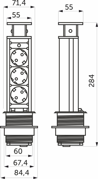 картинка Выдвижной удлинитель Vulcan, 60 мм 3 розетки, крышка пластик, цвет алюминий, AKS от магазина SEFI