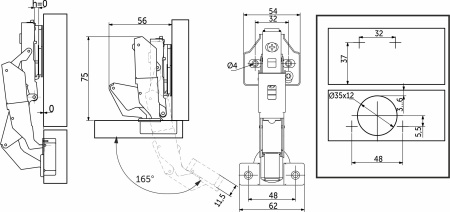 картинка Петля 165° накладная с доводчиком 48мм h0 clip-on AKS PLUS 3D (саморезы, заглушки) 0-е вхождение от магазина SEFI