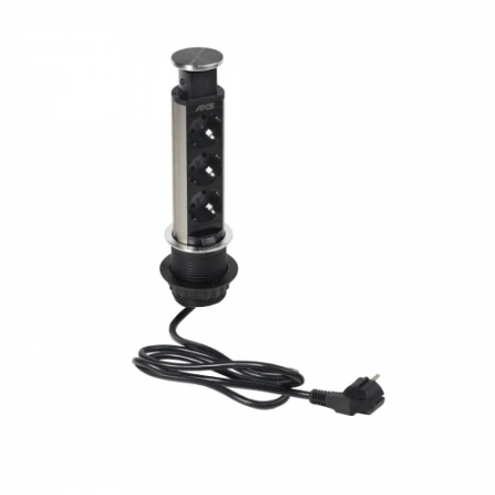 картинка Выдвижной удлинитель Vulcan, 60 мм 3 розетки, крышка металл, шлифованная сталь, AKS от магазина SEFI