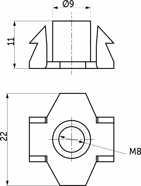 картинка Гайка усовая (носковая) М8*11*22 с зубцами для автоматической забивки белый цинк (уп/2тыс.шт) РП от магазина SEFI
