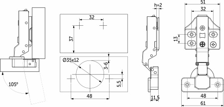 картинка Петля полунакладная с доводчиком 48мм h2 clip-on PRIME by AKS 3D (саморезы, заглушки) (упак.-2шт.) от магазина SEFI