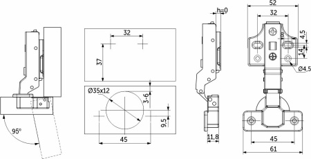 картинка Петля полунакладная с доводчиком 45мм h0 clip-on PRIME by AKS (саморезы, заглушки) д/фасадов до 28мм (упак.-2шт.) от магазина SEFI