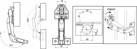 картинка Петля 165° накладная с доводчиком 45мм h0 clip-on AKS PLUS 3D (саморезы, заглушки) 0-е вхождение от магазина SEFI