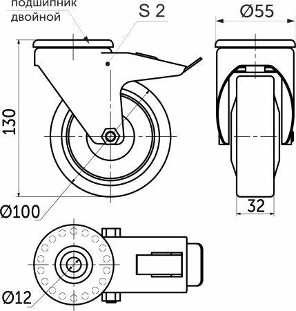 картинка Колесо меб. d100 h130 под винт М12 c рез.ободом с торм., серый/черный AKS от магазина SEFI