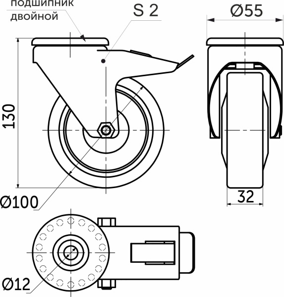 картинка Колесо меб. d100 h130 под винт М12 c рез.ободом с торм., серый/черный AKS от магазина SEFI