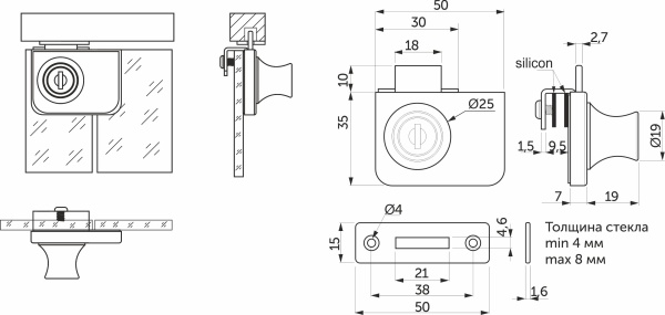 картинка Замок для стеклянных распашных 2-х дверей механический 409 AKS от магазина SEFI
