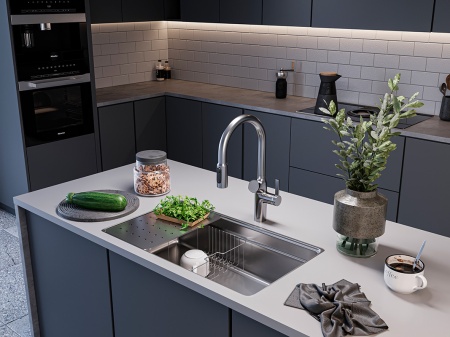 картинка Смеситель Oulin OL-8018 с дозатором моющего средства, выдвижным душом и подключением фильтрованной воды, цвет сатин от магазина SEFI