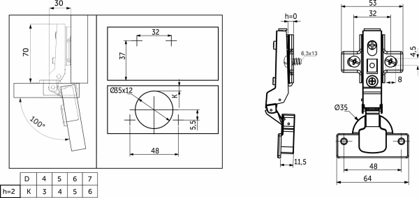 картинка Петля полунакладная с доводчиком 48мм h2 clip-on AKS (еврошурупы) от магазина SEFI