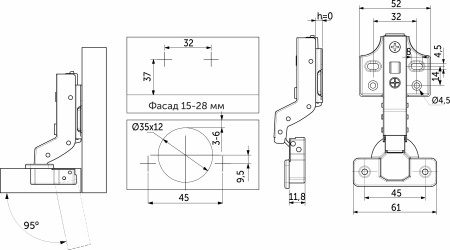 картинка Петля внутренняя с доводчиком 45мм h0 clip-on PRIME by AKS (саморезы, заглушки) д/фасадов до 28мм (упак.-2шт.) от магазина SEFI