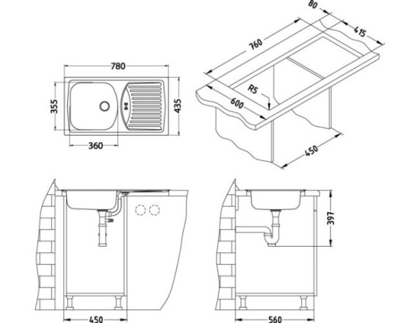 картинка Мойка BASIC 150 NAT-60 NEW 780X435 в комплекте с сифоном  1071237, от магазина SEFI