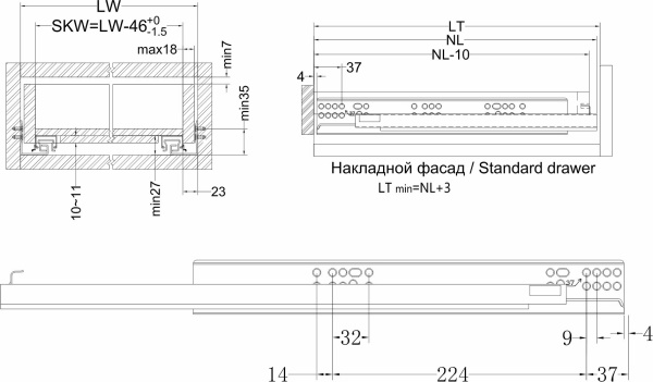 картинка Направляющая скрытого монтажа L-500 с доводчиком ДСП до18mm с замками AKS PLUS 3D полное выдвижение от магазина SEFI