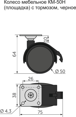 картинка Колесо меб. пласт. d50 с площадкой с торм., черный AKS магазин SEFI являющийся официальным дистрибьютором в России  картинка Колесо меб. пласт. d50 с площадкой с торм., черный AKS от магазина SEFI