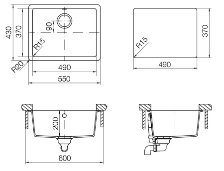 картинка Кухонная мойка подстольного монтажа SCHOCK QUADRO 60U CRISTALITE неро от магазина SEFI