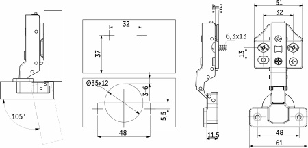 картинка Петля полунакладная с доводчиком 48мм h2 clip-on PRIME by AKS 3D (еврошурупы, заглушки) (упак.-2шт.) от магазина SEFI