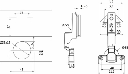 картинка Петля внутренняя с доводчиком 48мм h3 clip-on AKS PLUS 3D (саморезы, заглушки) от магазина SEFI
