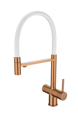 картинка Смеситель для кухонной мойки, с гибким гусаком и подключением фильтрованной воды EMAR EC-7024, цвет Медь PVD c белым шлангом от магазина SEFI