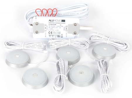 картинка Комплект: 5 светодиодных светильника TORRE Set5, комплект 6Вт, 350mA, 5 каб. 2м с раз.Bus, трансформатор серебристый/свет натуральный от магазина SEFI