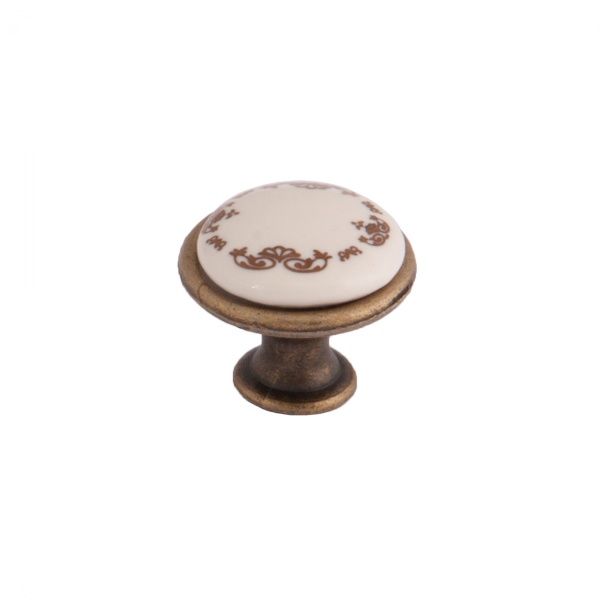 картинка Ручка меб. кнопка мет. GP19 с керам. вставкой (крем) старое золото/золотой узор AKS тип 2 от магазина SEFI