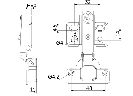 картинка Петля накладная с доводчиком 48мм h0 несъемная планка (4 отверстия) AKS LIGHT от магазина SEFI