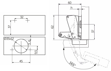 картинка Петля 165° накладная с пружиной 45мм h2 slide-on AKS от магазина SEFI