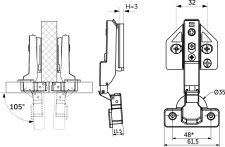 картинка Петля полунакладная с доводчиком 48мм h3 clip-on AKS PLUS 3D (саморезы, заглушки) от магазина SEFI