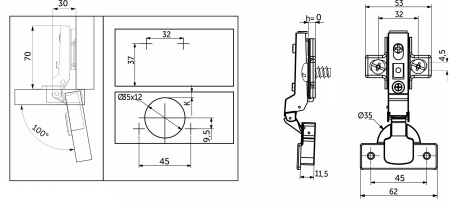 картинка Петля полунакладная с доводчиком 45мм h0 clip-on AKS (еврошурупы) от магазина SEFI