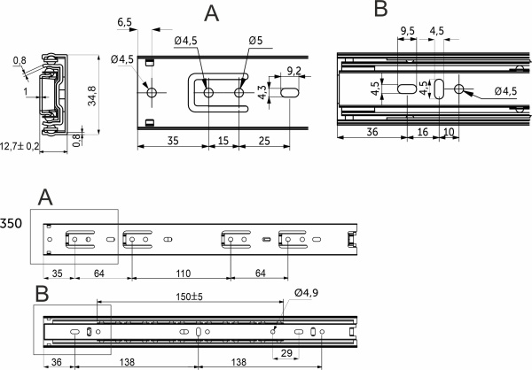 картинка Направляющая шариковая L-350 h=35 AKS C от магазина SEFI