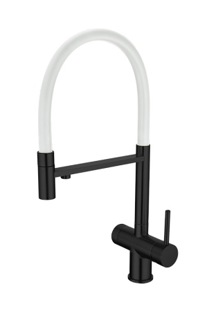 картинка Смеситель для кухонной мойки, с гибким гусаком и подключением фильтрованной воды EMAR EC-7024, цвет Чёрный матовый c белым шлангом от магазина SEFI