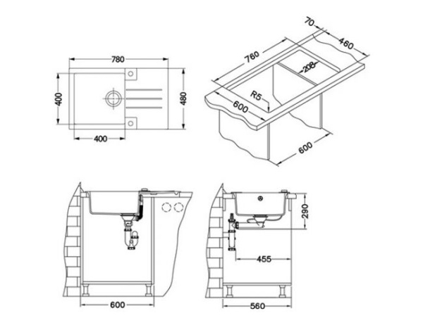 картинка Мойка ROCK 130 GRANITAL CARBON-G91 780x480x180; 1x с сифоном 1105296, от магазина SEFI