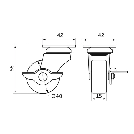 картинка Колесо меб. d40 h58 с площадкой с рез.ободом с торм., серый AKS от магазина SEFI