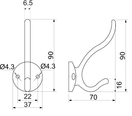 картинка Крючок меб. двухрожковый мет. W009 хром AKS от магазина SEFI