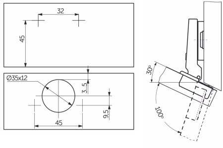 картинка Петля угловая -30° с пружиной 45мм h4 slide-on AKS от магазина SEFI
