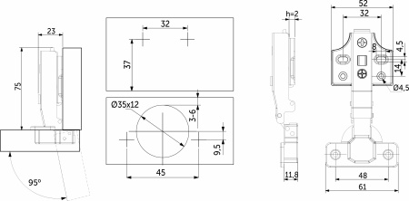 картинка Петля накладная с доводчиком 45мм h0 clip-on PRIME by AKS (саморезы, заглушки) д/фасадов до 28мм (упак.-2шт.) от магазина SEFI